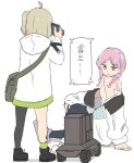  2girls arknights bag bare_shoulders blonde_hair blue_eyes blue_poison_(arknights) blue_poison_(rhythm_on_the_beach)_(arknights) braid camera camisole hairband holding holding_camera kumamoto_aichi lens_(arknights) long_sleeves looking_at_another multiple_girls off_shoulder pink_hair pose robot scene_(arknights) shoulder_bag sitting taking_picture translated twin_braids white_background white_hairband 