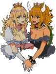  2girls bare_shoulders black_dress blonde_hair blue_eyes bowsette bracelet breasts cleavage collar dress earrings frilled_dress frills highres horns jewelry long_hair looking_at_viewer mario_(series) medium_breasts multiple_girls new_super_mario_bros._u_deluxe okada_(hoooojicha) open_mouth pointy_ears ponytail princess_king_boo sharp_teeth signature simple_background spiked_bracelet spiked_collar spiked_shell spikes super_crown teeth tongue tongue_out turtle_shell white_background 