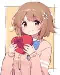  1girl bangs blue_bow blue_bowtie blush bow bowtie box brown_hair eyebrows_visible_through_hair flower gift gift_box hair_between_eyes hair_flower hair_ornament heart heart-shaped_box holding holding_gift idolmaster idolmaster_cinderella_girls korean_commentary long_sleeves looking_at_viewer mg_pong mimura_kanako school_uniform short_hair simple_background smile solo two-tone_background white_flower 