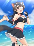 1girl :d absurdres australian_devil_(kemono_friends) bare_shoulders beach black_eyes black_hair black_skirt blush breasts commentary day eyepatch fang frilled_skirt frills halterneck hand_wraps highres holding_hands interlocked_fingers kemono_friends long_hair looking_at_viewer medical_eyepatch medium_breasts midriff open_mouth out_of_frame outdoors shiraha_maru skirt smile solo_focus sunlight tasmanian_devil_ears tasmanian_devil_tail thigh_strap twisted_torso twitter_username wrist_wrap 