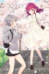  2girls backpack bag blush cherry_blossoms chiwa_(chiwawanwan1206) dress grey_hair hand_in_hair hand_in_pocket handbag highres holding_hands hood hoodie long_hair magia_record:_mahou_shoujo_madoka_magica_gaiden mahou_shoujo_madoka_magica multiple_girls outdoors red_hair shinobu_akira_(magia_record) short_hair shorts smile stairs tokiwa_nanaka white_dress yuri 