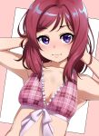  1girl bikini blush bow breasts closed_mouth dot_nose embarrassed front-tie_bikini front-tie_top hands_in_hair hands_up highres igarashi_kyouhei looking_at_viewer love_live! love_live!_school_idol_project nishikino_maki pink_bikini purple_eyes red_hair small_breasts solo swimsuit upper_body white_bow 