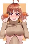  1girl :d ahoge blush border bow braid breasts brown_hair brown_sweater food fruit groping hair_bow hands_up highres holding igarashi_kyouhei long_sleeves love_live! love_live!_sunshine!! mandarin_orange medium_breasts open_mouth orange_background red_eyes ribbed_sweater side_braid smile solo_focus sweat sweater takami_chika white_border wide-eyed yellow_bow 