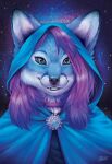  2021 anthro black_nose blue_body blue_eyes blue_fur canid canine collar digital_media_(artwork) female fox fur goldendruid hair mammal purple_hair smile solo white_body white_fur 