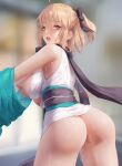  ass black_ribbon black_scarf blonde_hair blurry blurry_background breasts chihunhentai cowboy_shot english_commentary hair_between_eyes half_updo haori highres japanese_clothes large_breasts looking_at_viewer nipples off_shoulder okita_souji_(fate) okita_souji_(fate)_(all) patreon_username ribbon scarf short_hair solo wet yellow_eyes 