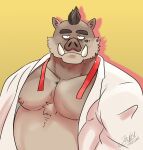  anthro clothed clothing hi_res jabuhusky kensuke_shibagaki_(odd_taxi) looking_at_viewer male mammal nipples odd_taxi open_clothing open_shirt open_topwear shirt solo suid suina sus_(pig) topwear wild_boar 