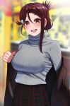  1girl :d black_skirt blurry blurry_background breasts brown_coat coat commentary_request cowboy_shot depth_of_field earrings folded_ponytail grey_sweater hair_between_eyes highres igarashi_kyouhei jewelry large_breasts looking_at_viewer love_live! love_live!_sunshine!! open_clothes open_coat open_mouth plaid plaid_skirt red_eyes red_hair ribbed_sweater round_teeth sakurauchi_riko skirt smile solo sweater teeth undressing upper_teeth 