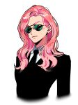  1girl black_jacket black_neckwear collared_shirt detective_pikachu detective_pikachu_(movie) highres jacket long_hair ms._norman_(pokemon) necktie okada_(hoooojicha) pink_hair pokemon shirt simple_background solo sunglasses upper_body white_background white_shirt 