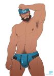  1boy abs alejandro_tio archie_(pokemon) armpit_hair armpits bandana bara bare_pectorals beard blue_male_swimwear bulge dark_skin dark_skinned_male english_commentary facial_hair feet_out_of_frame highres large_pectorals looking_at_viewer male_focus male_pubic_hair male_swimwear mature_male muscular muscular_male navel navel_hair nipples pectorals pokemon pubic_hair short_hair simple_background solo standing stomach swim_briefs swimwear thick_thighs thighs white_background 