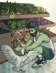  1boy beast_boy_(dc) bird casual colored_skin full_body gabriel_picolo goose green_hair green_skin groceries highres holding mask mouth_mask pointy_ears shoes shopping sneakers squatting tank_top teen_titans watermelon_slice 