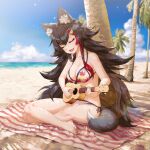  1girl aesice animal_ear_fluff animal_ears bangs beach bikini black_hair breasts cloud eyebrows_visible_through_hair flipped_hair hair_between_eyes hair_ornament hairclip highlights highres hololive indian_style instrument long_hair multicolored_hair ookami_mio open_mouth outdoors palm_tree red_hair sand seashell shadow shell side-tie_bikini sidelocks sitting sky smile solo streaked_hair swimsuit tail tree ukulele very_long_hair virtual_youtuber wolf_ears wolf_girl wolf_tail 