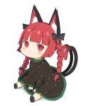  1girl :3 animal_ear_fluff animal_ears bangs blush braid bright_pupils cat_ears cat_tail chibi commentary_request crys_(dai) dress extra_ears eyebrows_visible_through_hair full_body green_dress highres kaenbyou_rin leaning_forward long_hair multiple_tails nekomata pointy_ears red_eyes red_hair sitting solo tail touhou twin_braids two_tails wariza white_pupils 