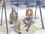  2boys beard black_hair blazer blush bomber_jacket boots brown_hair cheetahman_(1ddghfr78cswc) disco_elysium ear_blush facial_hair glasses gloves hair_slicked_back hand_on_lap hands_together harry_du_bois jacket kim_kitsuragi male_focus multiple_boys mustache mutton_chops necktie nose_blush outdoors pants round_eyewear shirt shoes short_hair snowing swing swing_set undercut v-neck white_shirt 