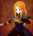  1girl agrias_oaks armor black_gloves blonde_hair blue_eyes braid brown_background eyebrows_visible_through_hair final_fantasy final_fantasy_tactics gloves holding holding_sword holding_weapon light_frown long_hair long_sleeves no_nose official_style parody shoulder_armor single_braid solo style_parody suta_(clusta) sword tsurime weapon yoshida_akihiko_(style) 
