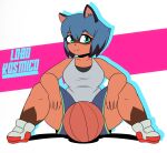  2021 abstract_background absurd_res anthro basketball blue_eyes blue_hair bottomwear brand_new_animal breasts brown_body brown_fur canid canine clothed clothing digital_drawing_(artwork) digital_media_(artwork) female footwear fur hair hi_res lobokosmico looking_at_viewer mammal michiru_kagemori raccoon_dog shoes shorts simple_background smile solo studio_trigger tanuki topwear 