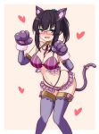  1girl alternate_costume animal_ear_fluff animal_ears artist_request bangs bare_shoulders bell black_hair blush breasts cat_ears cat_tail collar collarbone commentary_request cosplay elbow_gloves fake_animal_ears fake_tail glasses gloves green_eyes halloween heart highres jingle_bell looking_at_viewer medium_breasts mikazuki_munechika_(tenka_hyakken) mikazuki_munechika_(tenka_hyakken)_(cosplay) navel neck_bell open_mouth paw_gloves paw_pose paws ponytail purple_legwear ribbon simple_background skirt solo sweat tagme tail tail_ornament tail_ribbon tenka_hyakken thighhighs yayoi_(tenka_hyakken) 