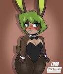  2021 abstract_background absurd_res anthro bec_(lobokosmico) black_clothing blush bow_tie breasts brown_body bunny_costume clothed clothing costume curvy_figure digital_drawing_(artwork) digital_media_(artwork) female fur green_eyes green_hair hair hi_res lagomorph legwear leporid lobokosmico mammal rabbit scut_tail short_stack shy simple_background solo solo_focus thick_thighs 