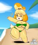  2021 absurd_res animal_crossing anthro beach big_breasts big_butt blonde_hair blush breasts butt canid canine canis clothed clothing curvy_figure detailed_background digital_drawing_(artwork) digital_media_(artwork) domestic_dog female fur green_clothing hair hi_res isabelle_(animal_crossing) lobokosmico mammal nintendo raised_hand seaside shih_tzu short_stack smile solo solo_focus swimwear thick_thighs toy_dog video_games yellow_body yellow_fur 