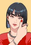  1girl absurdres bangs black_hair chain earrings hand_up highres jewelry necklace okada_(hoooojicha) original red_nails red_shirt ring shirt short_hair simple_background solo tears yellow_background 