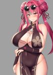  1girl arm_under_breasts bare_shoulders black_dress blush breasts bridal_gauntlets character_request commentary_request cowboy_shot double_bun dress eyewear_on_head grey_background highres kisaragi_nana large_breasts light_smile long_hair mole mole_under_eye pink_eyes pink_hair simple_background solo 