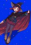  1girl :d bangs blue_background blush_stickers bong_(0u0bon) brown_footwear cape cape_lift danganronpa_(series) danganronpa_v3:_killing_harmony hair_ornament hand_up hat highres jacket miniskirt open_clothes open_jacket open_mouth pantyhose pleated_skirt red_cape red_hair shirt shoes short_hair simple_background skirt smile solo witch_hat yumeno_himiko 