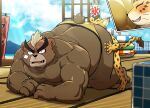 absurd_res anthro ashigara belly biceps big_butt blush butt butt_worship clothing duo embarrassed felid hi_res leopard male male/male mammal musclegut ose_(tas) overweight pantherine pecs size_difference speedo ssu_open swimwear tokyo_afterschool_summoners ursid video_games 