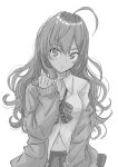  1girl :3 ahoge bangs blush bow bowtie breasts cardigan closed_mouth collared_shirt commentary_request grey_background greyscale hair_between_eyes highres ichinose_shiki idolmaster idolmaster_cinderella_girls kajino_(aosansai) long_hair long_sleeves looking_at_viewer monochrome navel open_cardigan open_clothes plaid plaid_bow plaid_neckwear pleated_skirt school_uniform shirt simple_background sketch skirt sleeves_past_wrists solo standing untucked_shirt 