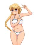 1girl :d ass_visible_through_thighs bangs bare_shoulders bikini blonde_hair blue_eyes braid breasts commentary cowboy_shot english_commentary everlasting_summer eyebrows_visible_through_hair hand_on_own_chest hand_up highres huyase large_breasts long_hair looking_at_viewer navel open_mouth simple_background slavya-chan smile solo stomach swimsuit thigh_gap v very_long_hair white_background white_bikini 