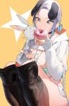 1girl animal_ears blue_eyes boots breasts creature doughnut eating elbow_gloves food forehead gloves hood hoodie ikuchan_kaoru ikuchan_kaoru_(character) indie_virtual_youtuber original purple_hair revealing_clothes solo virtual_youtuber 