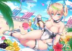  1girl anklet aqua_eyes arm_strap artist_name bakuchiku beach beach_chair beach_towel beach_umbrella blonde_hair blurry blurry_background blurry_foreground bracelet breasts checkered choker cleavage closed_mouth cloud cloudy_sky commentary covered_navel day depth_of_field double_bun dutch_angle flower food fruit gene_(pso2) grapes green_hair hair_ornament hair_up hibiscus highleg highleg_swimsuit horizon jewelry large_breasts looking_at_viewer lying multicolored_hair ocean on_side one-piece_swimsuit orange_(food) orange_slice palm_tree petals phantasy_star phantasy_star_online_2 pineapple_slice plate red_flower sandals sarong signature sky smile solo sparkle strapless strapless_swimsuit streaked_hair swimsuit thigh_gap thigh_strap towel tree twitter_username umbrella white_footwear white_swimsuit 