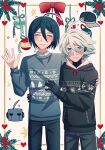  2boys ahoge android bangs black_hair black_hoodie black_pants blue_eyes blush cheer_(cheerkitty14) christmas_ornaments closed_eyes danganronpa_(series) danganronpa_v3:_killing_harmony english_commentary facing_viewer green_sweater grey_hair hand_on_another&#039;s_hip hand_on_another&#039;s_shoulder hat hat_removed headwear_removed heart highres hood hoodie keebo long_sleeves male_focus multiple_boys pants saihara_shuuichi short_hair smile sweater symbol_commentary teeth white_background 