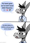  &lt;3 2021 anthro asinus clothed clothing comic democrat democrat_donkey dialogue don_kennedy donkey emoji english_text equid equine flag hair happyroadkill hi_res humor israel male mammal necktie palestine political_cartoon politics shirt simple_background solo text topwear united_states_of_america white_background 