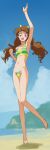  1girl absurdres amanogawa_kirara breasts brown_hair feet go!_princess_precure hairband highres long_hair looking_at_viewer maebari nadeara_bukichi open_mouth precure purple_eyes smile solo swimsuit twintails 