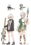  2girls ahoge antenna_hair bolt_action bridal_gauntlets cheytac_m200 chibi cosplay costume_switch elf flat_chest freshprincejune girls_frontline grey_hair gun highres kokkoro_(princess_connect!) m200_(girls_frontline) multiple_girls pink_eyes pointy_ears polearm princess_connect! princess_connect!_re:dive purple_eyes rifle see-through_sleeves sidelocks sketch sniper_rifle spear weapon 