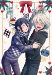  2boys ahoge android arm_up bangs black_hoodie black_pants black_scarf blue_pants blue_sweater blush bow checkered checkered_background checkered_scarf cheer_(cheerkitty14) closed_eyes danganronpa_(series) danganronpa_v3:_killing_harmony embarrassed english_commentary flower hands_up heart highres hood hoodie imminent_kiss keebo leaning_forward male_focus medium_hair mistletoe multiple_boys open_mouth ouma_kokichi pants pushing_away red_bow red_ribbon ribbon scarf snowflake_print sweater white_scarf yaoi 