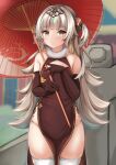  1girl absurdres azur_lane bangs blurry blurry_background blush brown_dress brown_eyes brown_gloves china_dress chinese_clothes closed_mouth commentary_request depth_of_field dress elbow_gloves eyebrows_visible_through_hair gloves grey_hair headpiece highres holding holding_umbrella long_hair looking_at_viewer mole mole_under_eye moyoron oil-paper_umbrella panties red_umbrella sleeveless sleeveless_dress solo thighhighs two_side_up umbrella underwear very_long_hair white_legwear white_panties z46_(azur_lane) 