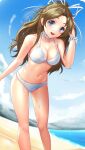  1girl :d beach bikini blue_eyes blue_sky bracelet breasts brown_hair choker cloud collarbone day doukyuusei_another_world game_cg hair_intakes hair_ribbon jewelry kakyuusei_2 leaning_forward long_hair looking_at_viewer medium_breasts navel ocean official_art open_mouth outdoors ribbon shiny shiny_hair shirai_yuuri shore sky smile solo standing swimsuit very_long_hair white_bikini white_choker white_ribbon 