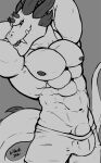  2021 abs anthro barely_contained bulge clothing dragon fangs genitals greyscale hands_behind_head horn lilshark looking_at_viewer male monochrome muscular muscular_anthro muscular_male navel nipples obliques pecs penis pose scalie signature smile solo spines tail_spines teeth underwear 