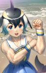  1girl :d absurdres bangs bare_shoulders beach biceps black_hair blowhole blue_dress blue_eyes blue_hair collarbone commentary common_dolphin_(kemono_friends) day dolphin_tail dress eyebrows_visible_through_hair flippers hair_between_eyes highres kemono_friends looking_at_viewer multicolored_hair muscular muscular_female open_mouth outdoors sailor_dress short_hair smile solo upper_teeth water welt_(kinsei_koutenkyoku) white_hair wristband 