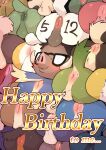  anthro anus backsack balls balls_on_face blush body_writing brown_hair butt canid canine dog_pile eyewear felid feline genitals glasses group hair happy_birthday harem lagomorph male male/male mammal manmosu_marimo smile suid suina sus_(pig) tusks wild_boar 