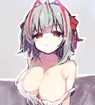  1girl ahoge antennae arknights bangs bare_shoulders blush breasts grey_hair large_breasts medium_hair off-shoulder_shirt off_shoulder red_eyes shirt simple_background solo sukima_(crie) tank_top w_(arknights) white_tank_top 