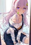  1girl :o airani_iofifteen bansg breasts cleavage collarbone eyebrows_visible_through_hair hair_ornament hews highres hololive hololive_indonesia long_hair long_sleeves looking_at_viewer off_shoulder overalls paint_on_face pink_hair purple_eyes shirt sitting solo thighs virtual_youtuber white_shirt 