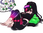  1girl absurdres bangs barefoot black_hair blush breasts brown_eyes diaburoju feet foot_focus goggles goggles_on_head highres jacket legs_up long_hair long_sleeves lying no_shoes original solo toenails virtual_youtuber 