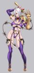  1girl absurdres armor boots breasts butcha-u closed_mouth detached_collar earrings gauntlets gloves green_eyes hair_over_one_eye highres isabella_valentine jewelry large_breasts leotard lipstick looking_at_viewer makeup purple_hair purple_leotard revealing_clothes short_hair shoulder_pads simple_background solo soulcalibur soulcalibur_iv thighhighs thong_leotard underboob underwear weapon whip_sword white_hair 