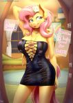  anthro breasts cleavage clothed clothing dialogue female fluttershy_(mlp) friendship_is_magic hasbro hi_res my_little_pony solo viejillox 