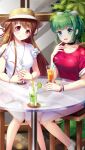  2girls :d bangs black_choker blue_eyes bow bracelet brown_hair choker closed_mouth collarbone dappled_sunlight day doukyuusei_another_world drinking_straw eyebrows_visible_through_hair floating_hair game_cg green_hair hair_between_eyes hair_bow hair_ribbon hat hat_ribbon head_tilt high_ponytail iijima_miyuki jewelry kakyuusei long_hair looking_at_viewer minamizato_ai multiple_girls official_art open_mouth red_eyes red_ribbon red_shirt ribbon shiny shiny_hair shirt short_hair sitting smile straw_hat sunlight tied_hair very_long_hair white_bow white_ribbon white_shirt 