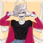  anthro biowolfmlya black_clothing black_shirt black_topwear blue_bottomwear blue_clothing bottomwear clothing fangs floppy_ears grin hair happy hi_res horn hybrid male milo_the_chimera multicolored_clothing one_eye_closed red_eyes shirt smile solo spider_legs topwear white_body white_hair wink 