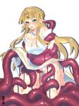  1girl blonde_hair blush breasts cleavage commission dress dress_lift jewelry long_hair necklace ooshio7734 open_mouth panties pointy_ears princess_zelda restrained skeb_commission slimy super_smash_bros. tentacles the_legend_of_zelda torn_clothes torn_dress underwear very_long_hair wet white_dress white_panties 