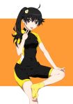  1girl :p absurdres ahoge araragi_karen bike_shorts black_eyes black_hair breasts fried_egg hair_ornament highres kakoikaren long_hair looking_at_viewer monogatari_(series) side_ponytail smile socks solo tongue tongue_out yellow_legwear 