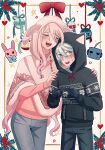  1boy 1girl :d ahoge alternate_costume android animal_hood animal_print bangs black_hoodie black_pants blue_eyes blush bow bunny_hood bunny_print cat_hood cheer_(cheerkitty14) christmas_ornaments closed_eyes danganronpa_(series) danganronpa_v3:_killing_harmony denim grey_hair hands_on_another&#039;s_shoulders heart highres hood hoodie index_fingers_together iruma_miu jeans keebo long_hiar nail_polish open_mouth pants pink_nails pink_sweater poncho red_bow smile sweater upper_teeth 